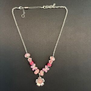 Beaded Silver Tone European Style Pink Bead Pave Butterfly/Flower Charm Necklace